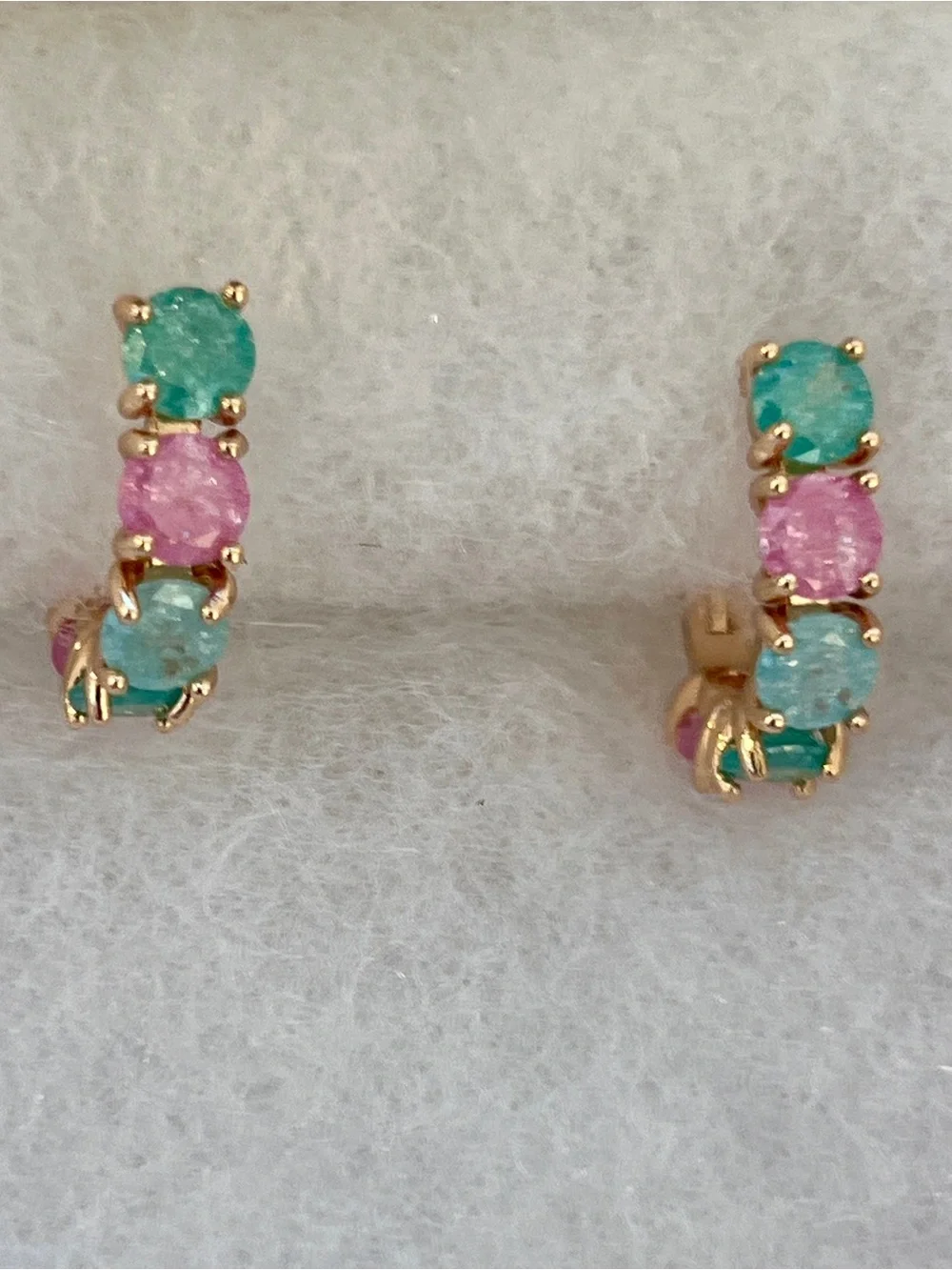 Gold Huggie Hoop Earrings with Pink and Green Gemstones